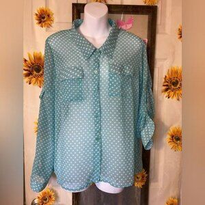 Sheer light blue with white polka-dot blouse Mine size large